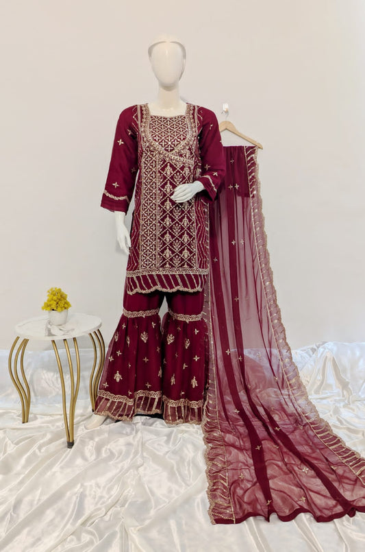 3 Piece - Chiffon Sharara Suit