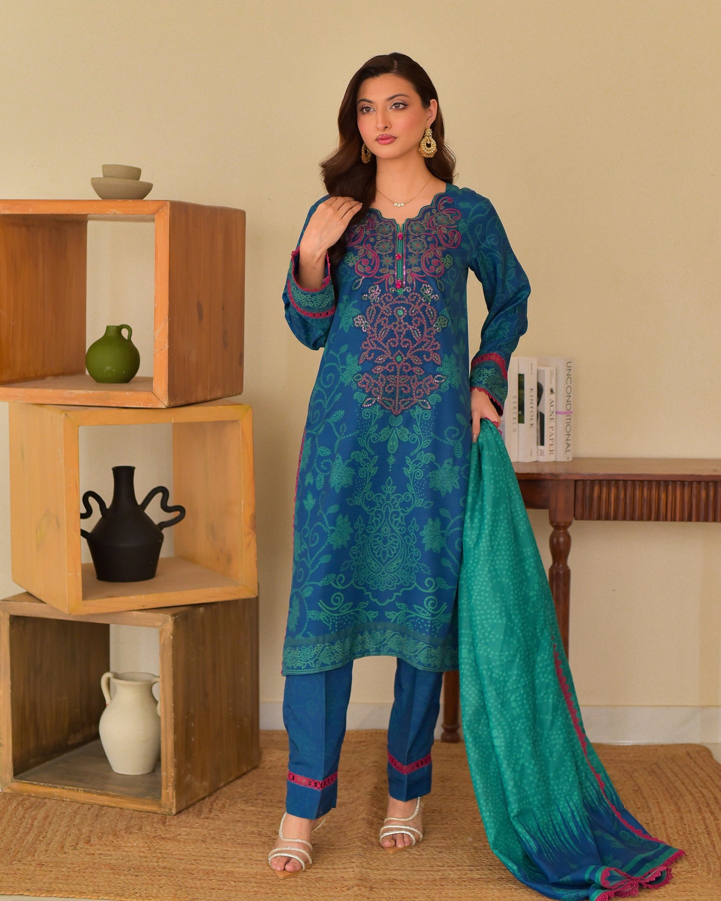 Luxury Winter Slub Cambric Suit | Embroidered 3-Piece with Cozy Dupatta
