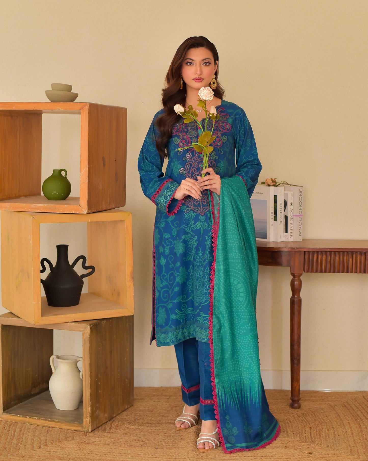 Luxury Winter Slub Cambric Suit | Embroidered 3-Piece with Cozy Dupatta
