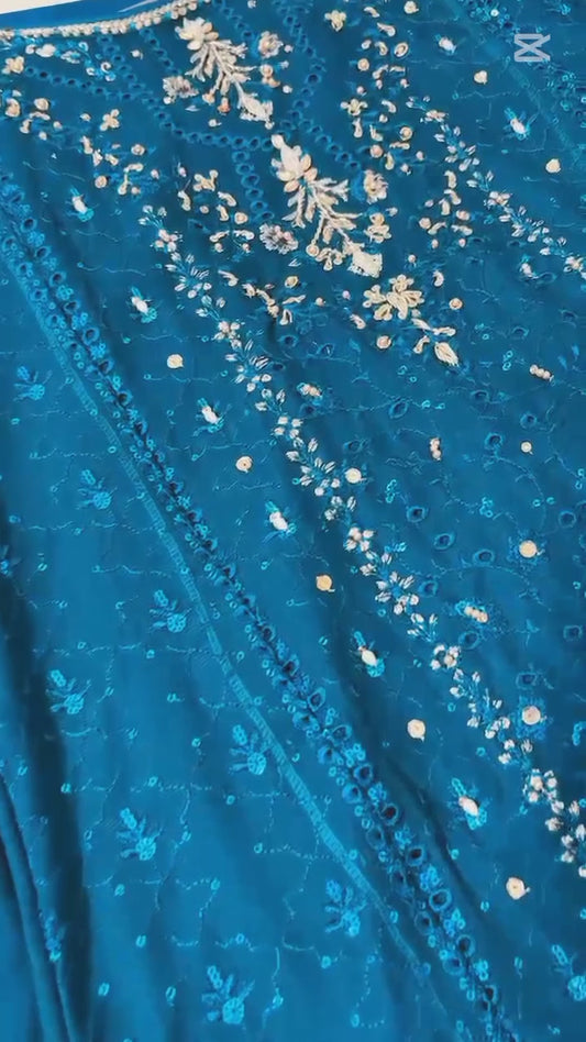 Women’s Luxury Chiffon Embroidered Suit – Teal Blue 3 Piece Pakistani Outfit | Party & Formal Wear