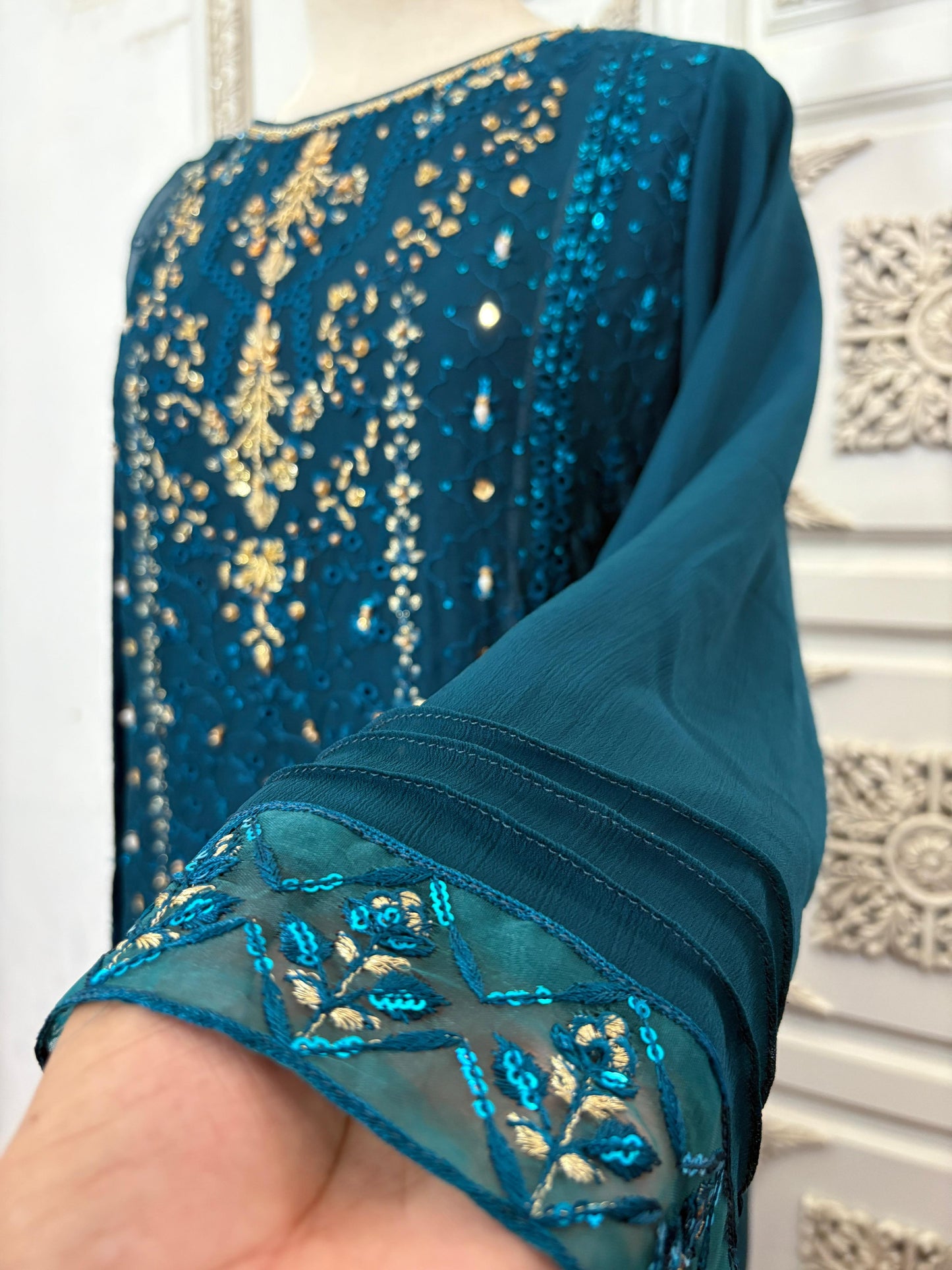 Women’s Luxury Chiffon Embroidered Suit – Teal Blue  3 Piece Pakistani Outfit | Party & Formal Wear