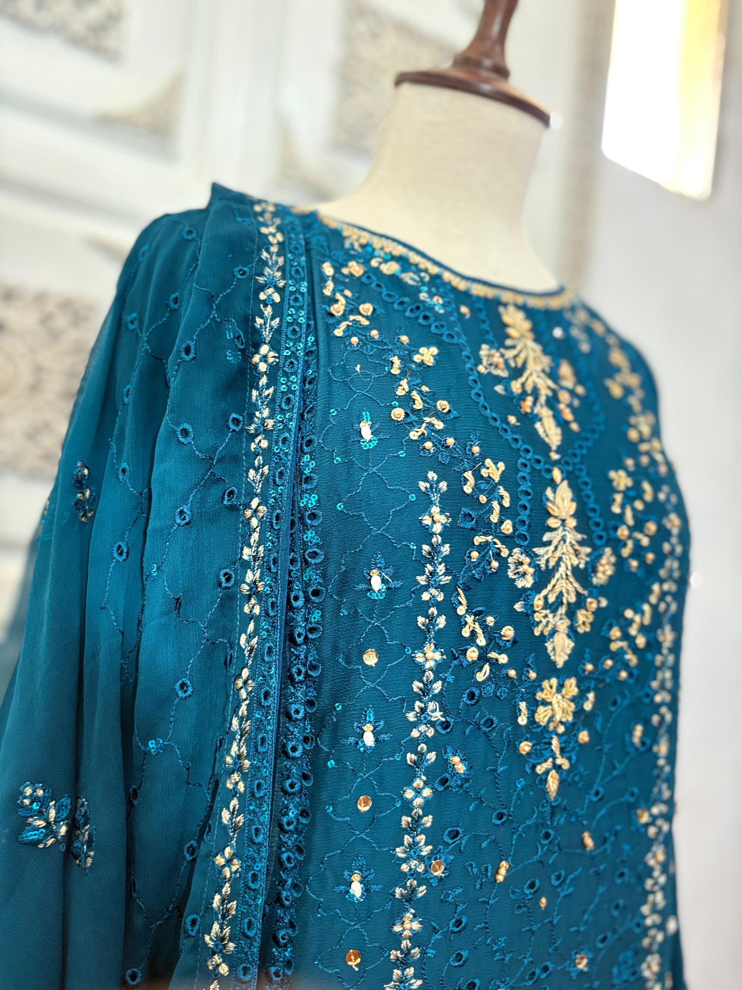 Women’s Luxury Chiffon Embroidered Suit – Teal Blue  3 Piece Pakistani Outfit | Party & Formal Wear