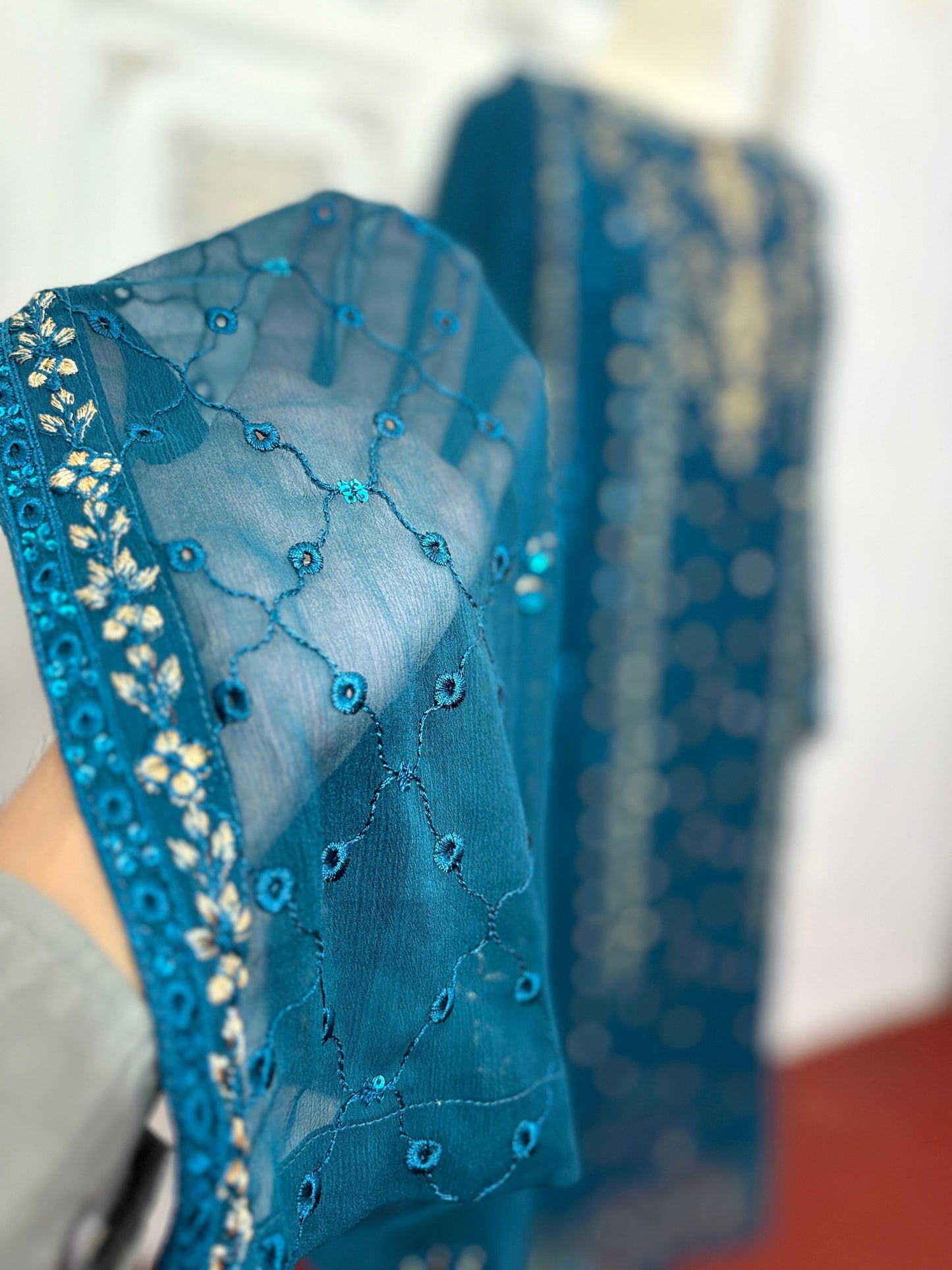 Women’s Luxury Chiffon Embroidered Suit – Teal Blue  3 Piece Pakistani Outfit | Party & Formal Wear