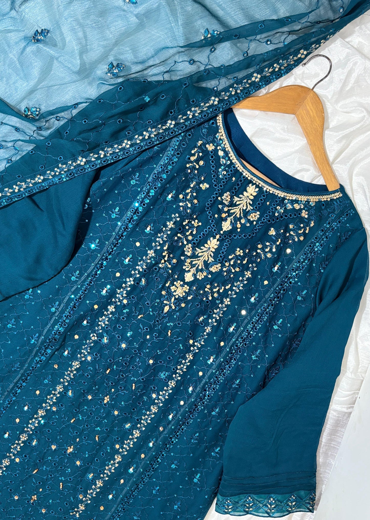 Women’s Luxury Chiffon Embroidered Suit – Teal Blue  3 Piece Pakistani Outfit | Party & Formal Wear