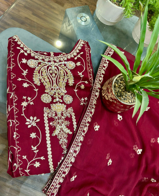 3 Piece - Chiffon Embroidered Suit