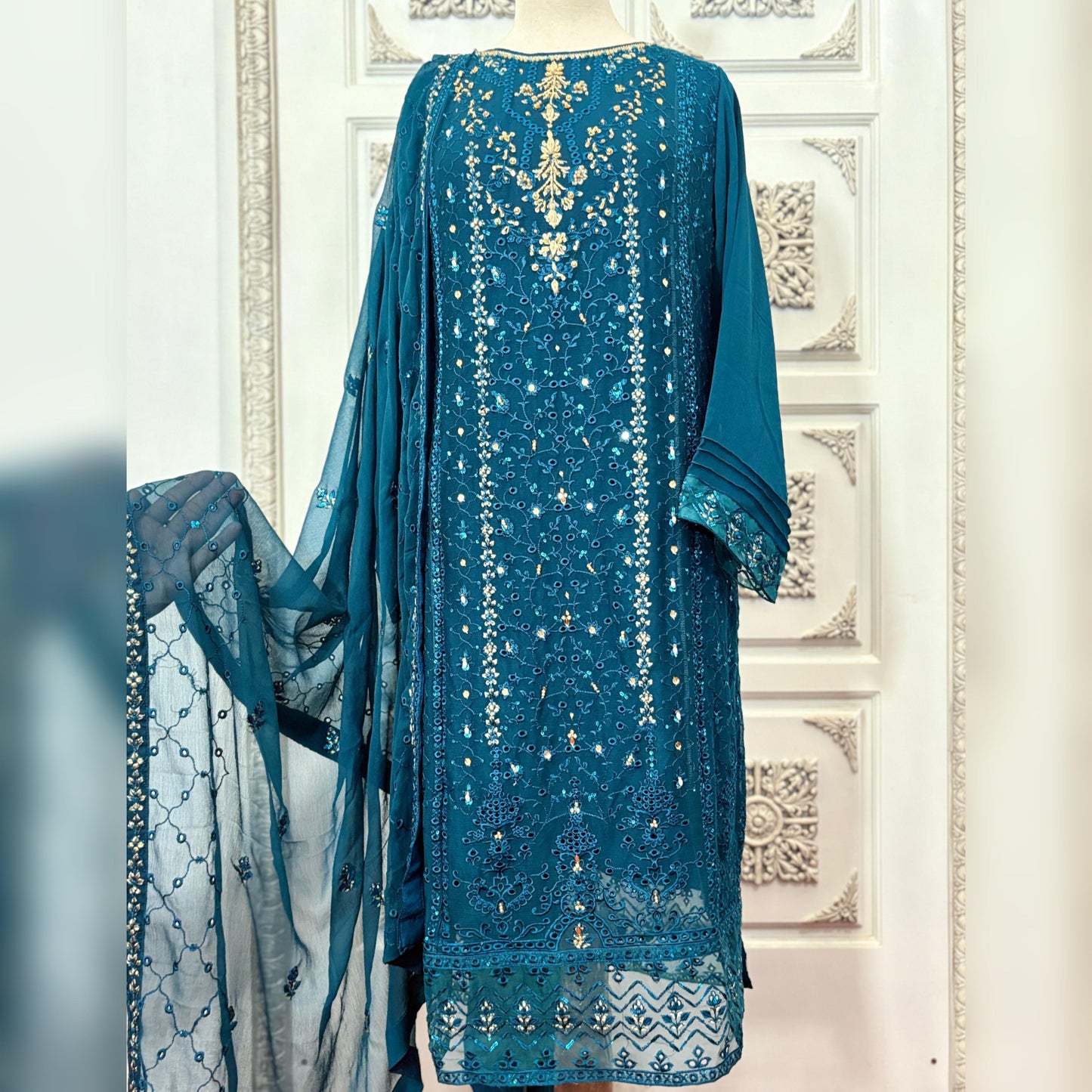 Women’s Luxury Chiffon Embroidered Suit – Teal Blue  3 Piece Pakistani Outfit | Party & Formal Wear