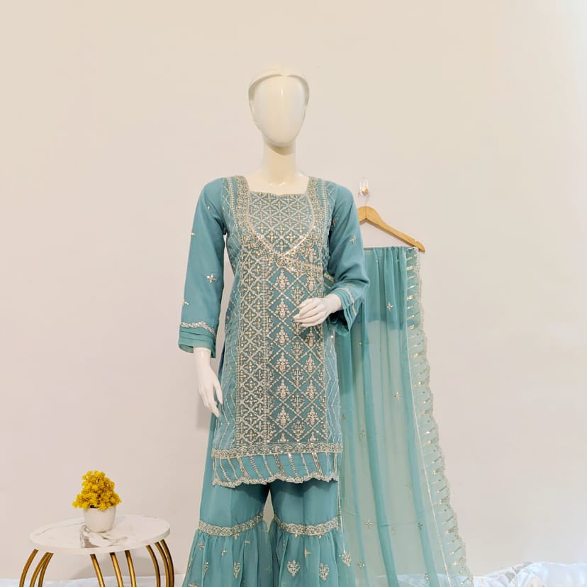 3 Piece - Chiffon Sharara Suit