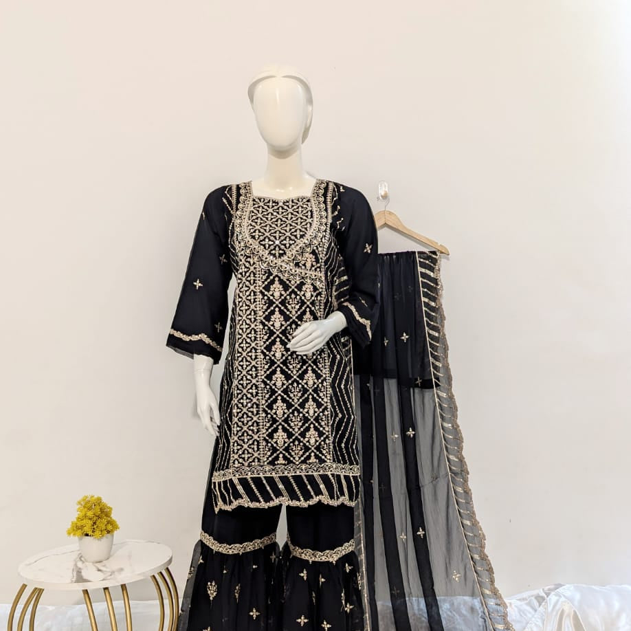 3 Piece - Chiffon Sharara Suit